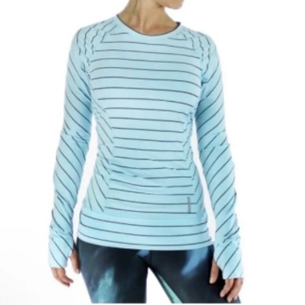 Reebox Women's Pale Blue w/ Black Striped Long Sleeve Activewear Shirt | Size M